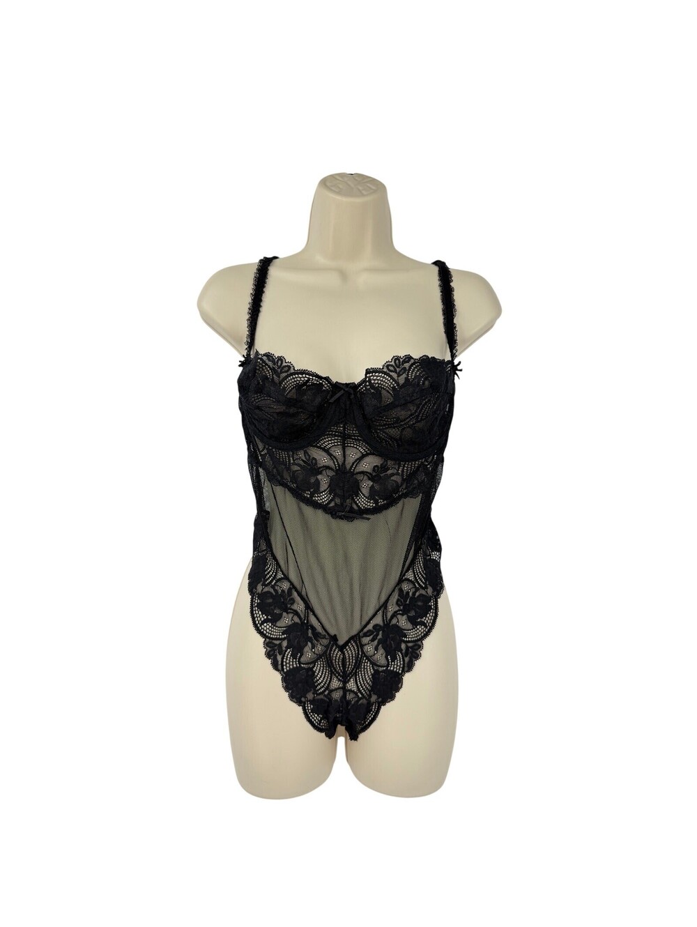 Vintage Victorias Secret Black Lace Mesh Teddy Bodysuit Underwire Lingerie 36B